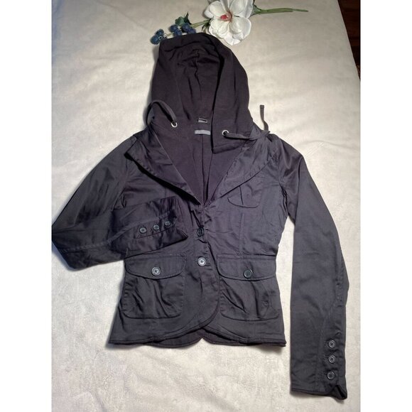 Armani Exchange Jackets & Blazers - Armani Exchange Womens Black Hooded Jacket Button Details M Dolphin Hem Classic